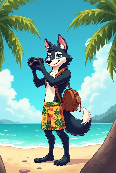 
"An anthropomorphic wolf character named Fenrir, in the style of the uploaded illustration, working as a freelance photographer and travel blogger. He is on a tropical beach, with a camera in his hand, capturing photos of the scenery. He has black fur wit...