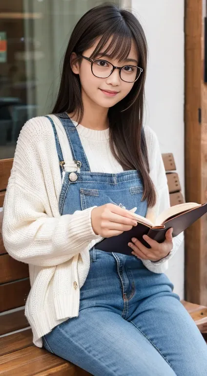  Japanese girl who can see into the distance，25 talents、 white knit and jeans、Reading a book at a cafe 、 high image quality、smile、 soft light 、Long face、Glasses