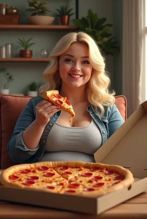 modern setting, chubby model woman sat on a chair in her dining room, open box of pizza. belly, blonde hair