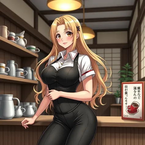 Physically fit woman with long blond hair and big breasts wearing a Japanese coffee shop uniform anime version