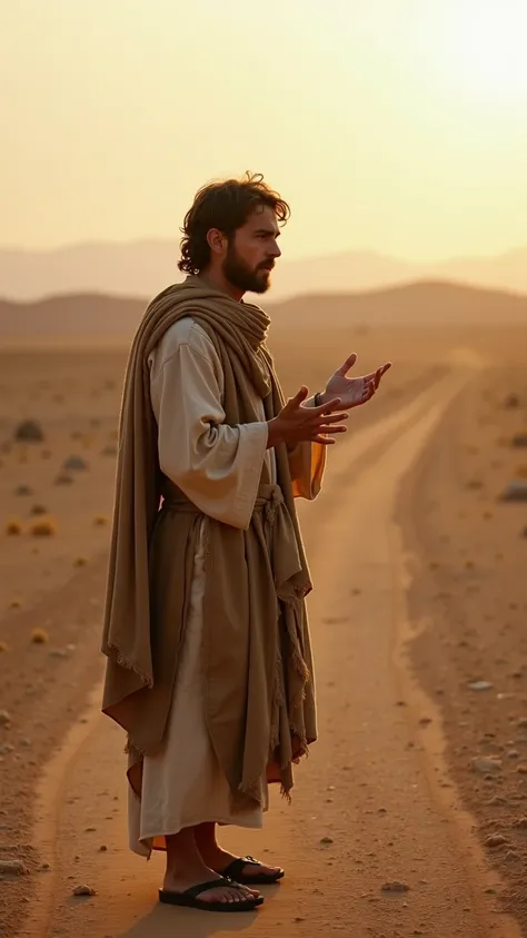 The young man halts on the desolate dirty path, dressed in worn, tattered biblical-era clothing. His hands gesture subtly as he practices his speech, his expression a mix of nervousness and deep reflection. The tranquil, empty desert landscape mirrors his ...