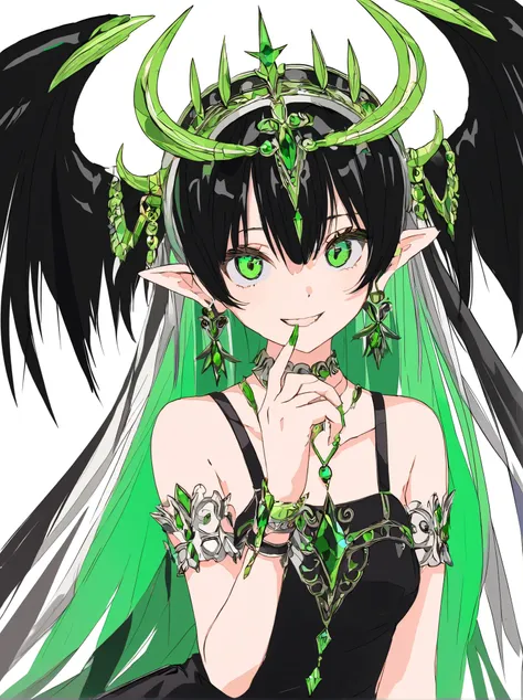 Masterpiece , top quality, 1 girl , leotard 、 upper_body, Solo, Green, smile, , green_eye, horn, ringS, _ piercing above spo, gem, 前hair, woven , streaked _hair, Multicolor_hair, pointy_S, off_ shoulder, black_nail, devil_wingS, watching _in_ viewer...