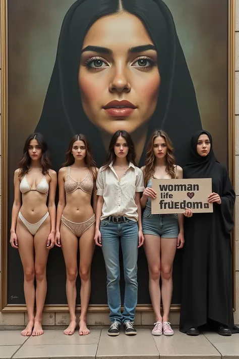 Five girls standing side by side . 
They have a sign with this text at their hand up : "woman Life Freedom" . The first girl ( from left to right ) is full naked without bikini and bra even .
The second girl ( from left to right ) is naked but have bikini ...