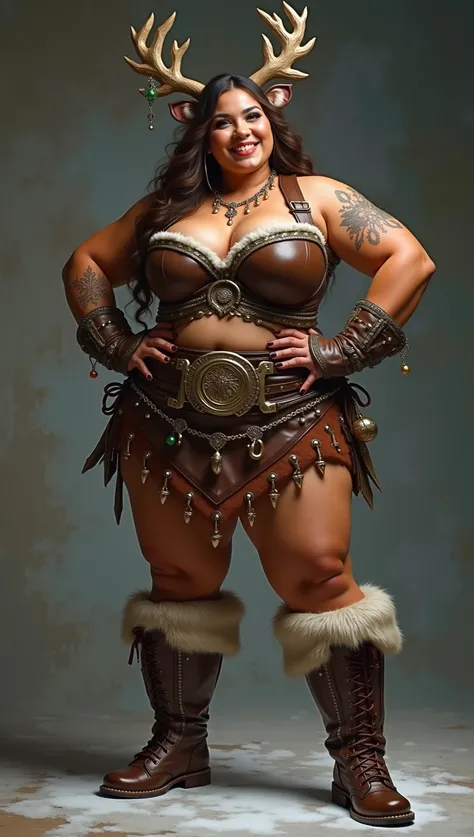 photorealistic full body photo of (plus size:1.2) Barbarian dwarven girl, brunette girl,(art by Josephine Wall:1.2),(), (elegant pose:1.5),(hands on hips:1.5),(little smiling:1.2) ,(realistic tanned skin:1.5),high quality,(muscular body:1.5),(tattoo:1.5),(...