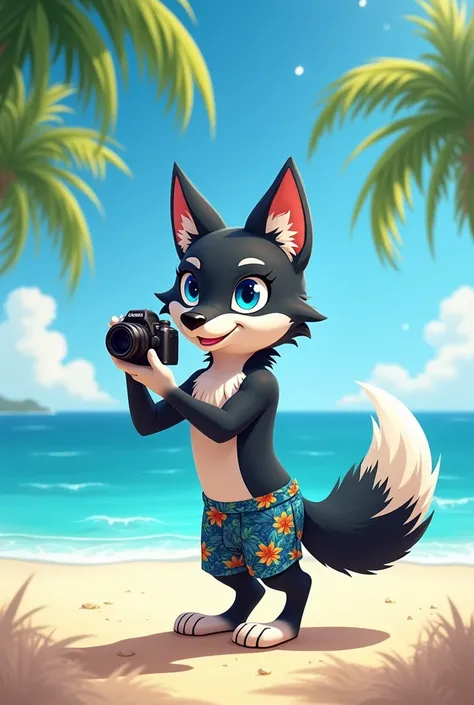 
"An anthropomorphic wolf character named Fenrir, in the style of the uploaded illustration, working as a freelance photographer and travel blogger. He is on a tropical beach, with a camera in his hand, capturing photos of the scenery. He has black fur wit...