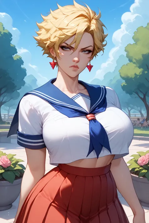 Alone,female 1 person、10th Generation、 with incredibly big breasts、WIDE hip, very short hair、Blonde、Earrings、 sailor suit 、Im wearing a windbreaker、 staring、 grumpy expression、School Garden、Clear skies、school sailor