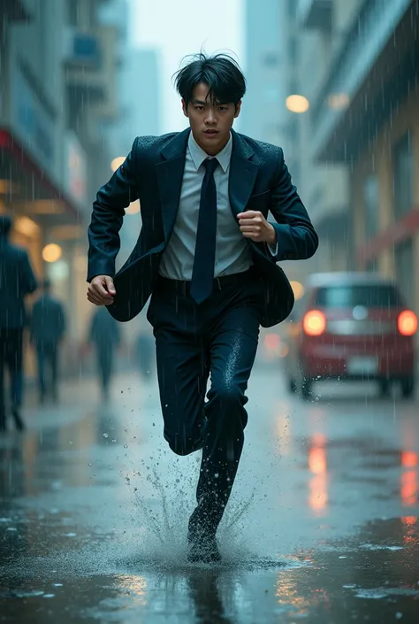 Poster. A man wear high school uniform. Rain. Run under rain. Oriental face. 