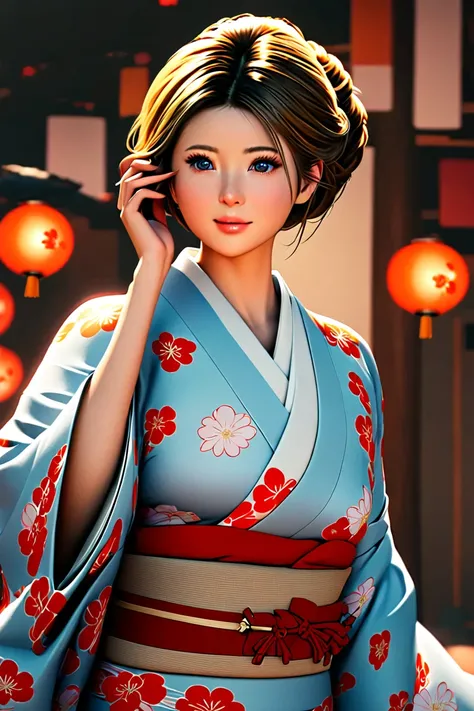 (1girl, elegant woman, statuesque body, adorable face, brown hair:1.2), (best quality, highres, anime style, digital drawing mode, realistic:1.1), piercing brown eyes, glowing radiant skin, breasts, wearing japanese traditional kimono, hairdo, dynamic comp...