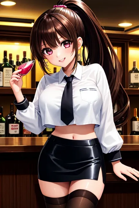 1girl, best quality, looking at viewer, kawaii, shiny skin, shiny clothes, bartender, white collared shirts, crop top, veritical navel, bare stomac, navel focus, midriff jacket, black miniskirt, pencil skirt, thighhighs, huge breasts, long hair, ponytail, ...