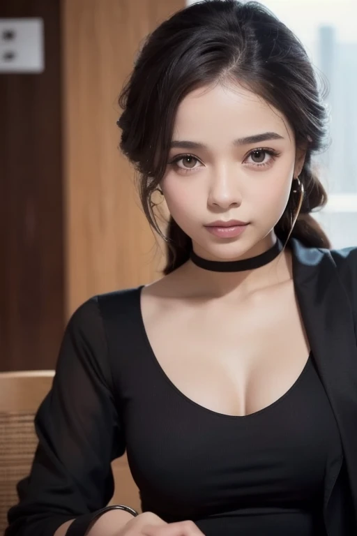  Arabian style woman in black shirt and black jacket,   orgasm Sophie Mudd holding a portrait, Young woman selfie, Tessa Thompson-style ,   young women are sitting at the table  ,  Growing , Profile picture, attractive face with full make-up, Detailed perf...