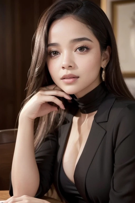  Arabian style woman in black shirt and black jacket,   orgasm Sophie Mudd holding a portrait, Young woman selfie, Tessa Thompson-style ,   young women are sitting at the table  ,  Growing , Profile picture, attractive face with full make-up, Detailed perf...