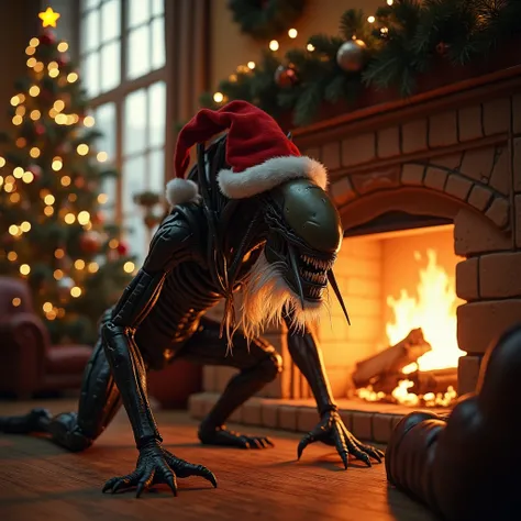 An Alien Xenomorph (Santa Hat, Santa Beard) is crawling out of a fireplace in a nice Christmas decorated living room, lit only by the blinking Christmas tree lights, Print: "If youre cold they are cold, bring them in" Written clearly across the top of the ...