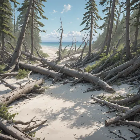 Beach, high altitude, fallen thick tree trunks, branches