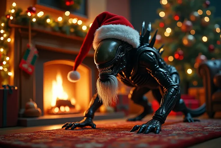 An Alien Xenomorph (Santa Hat, Santa Beard) is crawling out of a fireplace in a nice Christmas decorated living room, lit only by the blinking Christmas tree lights, Print: "If youre cold they are cold, bring them in" Written clearly across the top of the ...