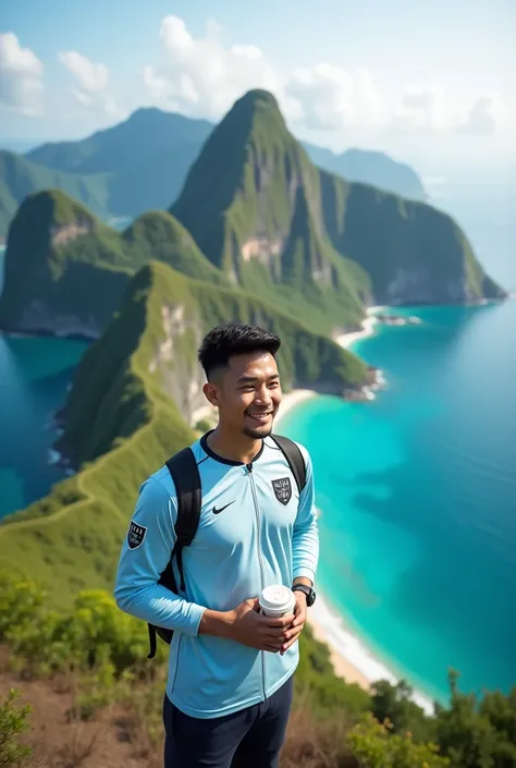 Very real HD dynamic image. A handsome Asian looking man, smiling. who was standing on a high place, holding a cup of coffee. directing the viewers eye towards a panorama of tropical islands. The islands are surrounded by turquoise waters and have lush gre...