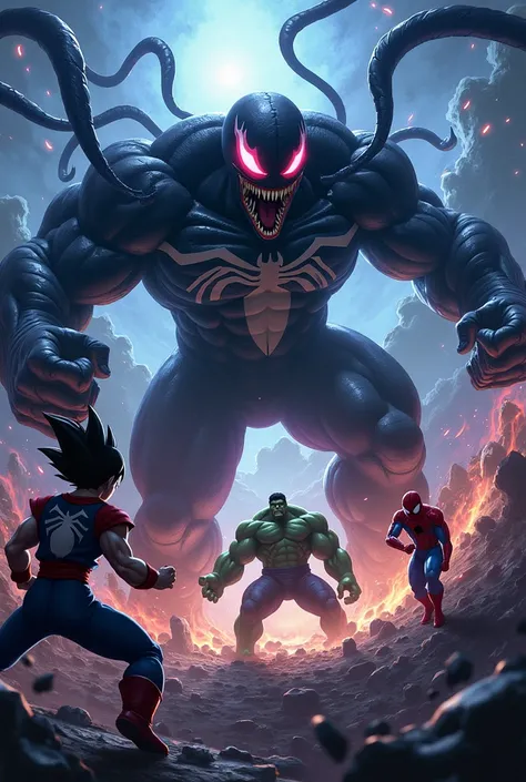 Scene 5: Venom Joins the Fight

Prompt:
"Venom, with his black symbiote form, emerges from the shadows of the cosmic battlefield, tendrils extending out towards Goku, Hulk, and Spider-Man. His eyes glow with a menacing red hue, and his massive form is surr...