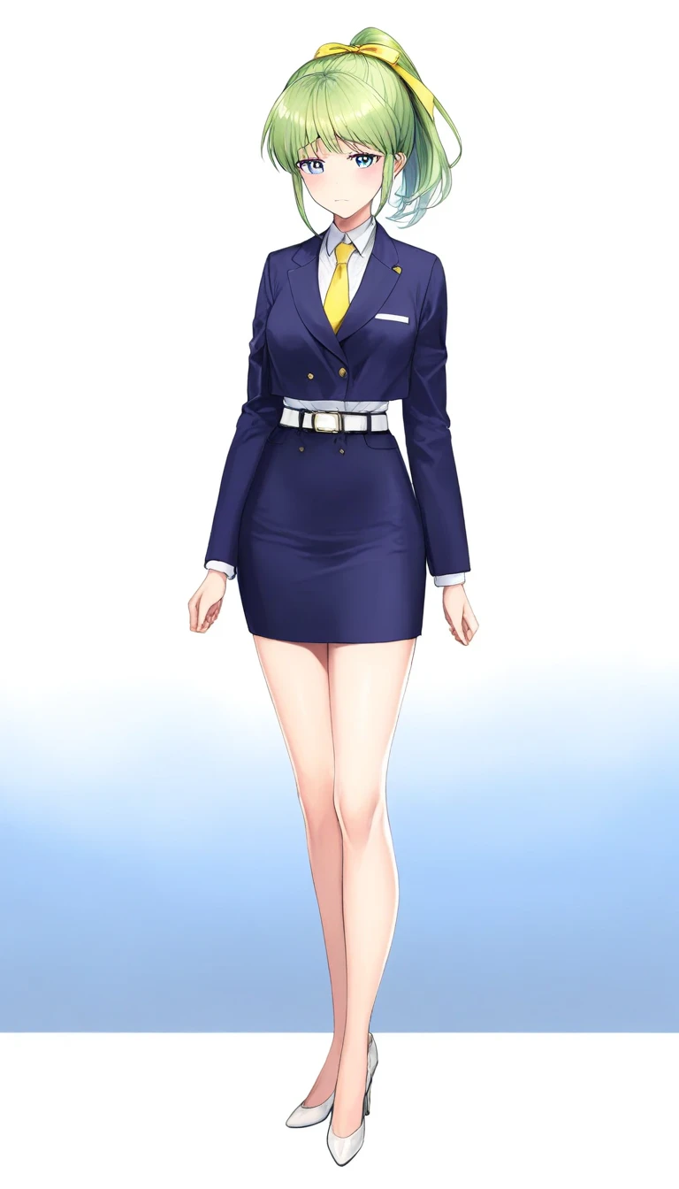 Misuke Iijima、。OL,woman、 green hair、 shorthair、 ponytail、yellow hair ribbon、 sad face、 full body style that reflects your whole body、 normal breasts、 narrow waist 、Bare legs、Standing beautifully、 in a suit、 navy blue jacket ,襟付き shirt, shirt, yellow tie ,b...