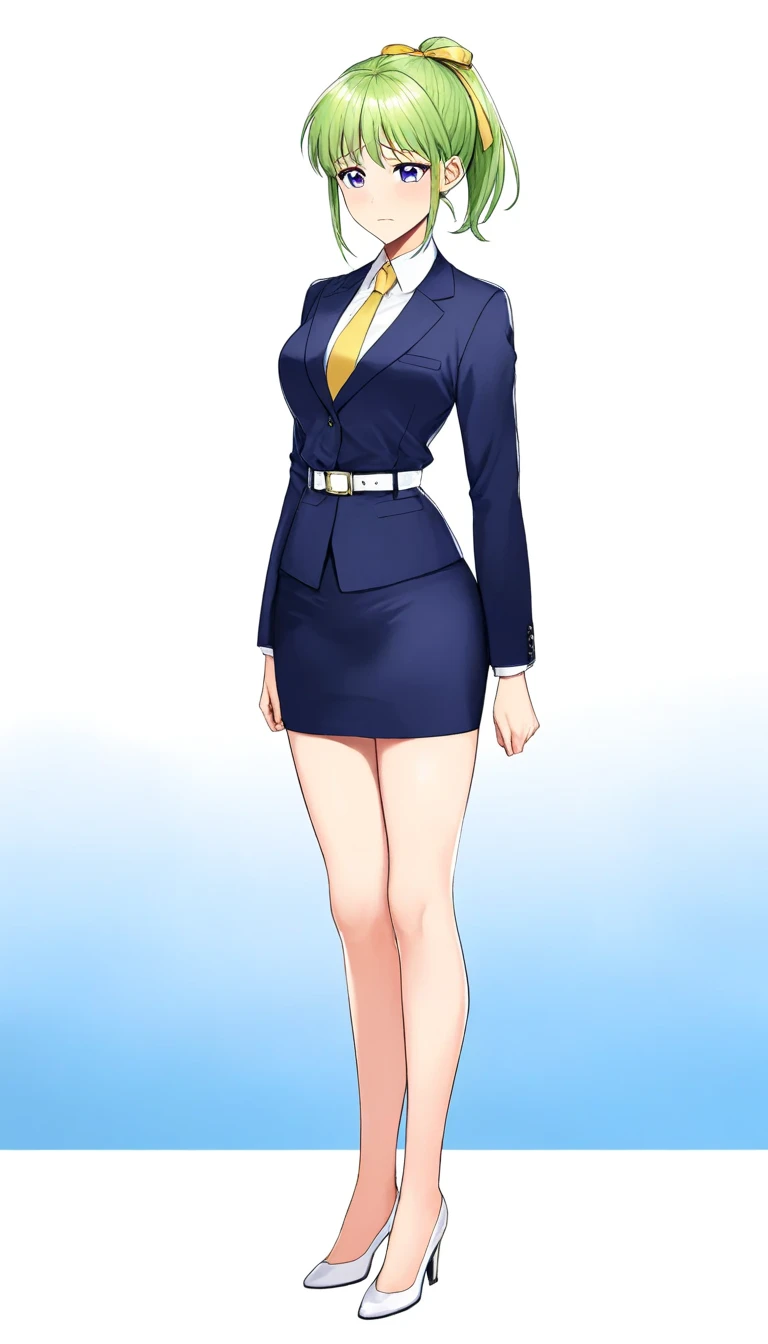 Misuke Iijima、。OL,woman、 green hair、 shorthair、 ponytail、yellow hair ribbon、 sad face、 full body style that reflects your whole body、 normal breasts、 narrow waist 、Bare legs、Standing beautifully、 in a suit、 navy blue jacket ,襟付き shirt, shirt, yellow tie ,b...