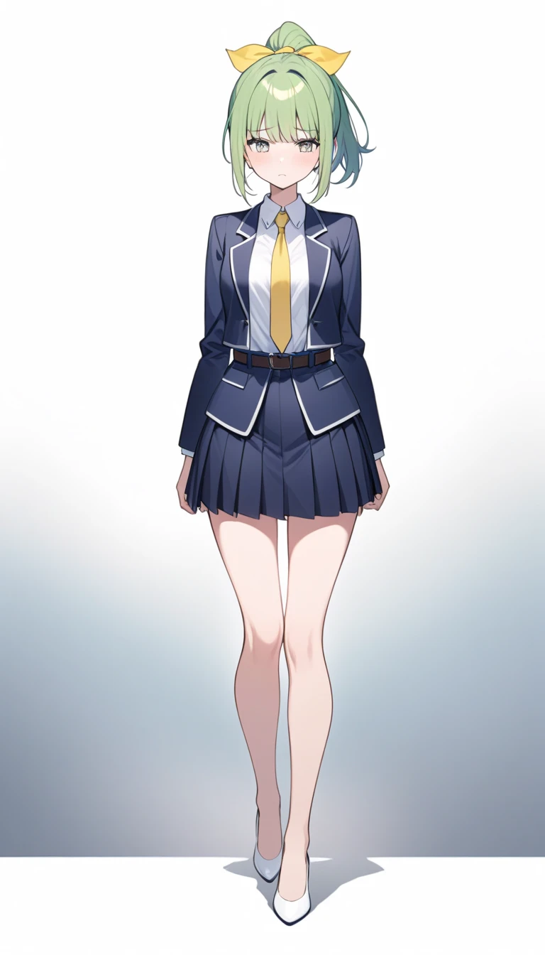 Misuke Iijima、。OL,woman、 green hair、 shorthair、 ponytail、yellow hair ribbon、 sad face、 full body style that reflects your whole body、 normal breasts、 narrow waist 、Bare legs、Standing beautifully、 in a suit、 navy blue jacket ,襟付き shirt, shirt, yellow tie ,b...