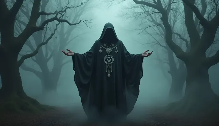 "A mysterious, dark-cloaked figure in a foggy forest. The figure is wearing a long black robe with intricate silver ornaments and a pentagram-shaped amulet. The atmosphere is eerie, with twisted, leafless trees surrounding the scene. The figures outstretch...