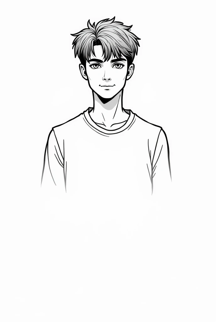 Draw a cell-colored line drawing the front of a boy in his late teens with dark hair and a good impression