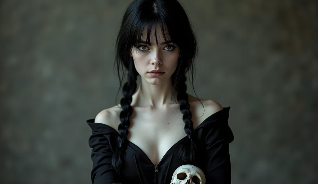 A young adult with a gothic appearance and a dark aura, reflecting mystery and intelligence. She has night-black hair, braided into two impeccable braids that fall to her shoulders, separated by a precise center part. Her skin is extremely pale, almost eth...