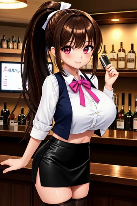 1girl, best quality, looking at viewer, kawaii, shiny skin, shiny clothes, bartender, white collared shirts, crop top, veritical navel, bare stomac, navel focus, vest, black miniskirt, pencil skirt, thighhighs, huge breasts, long hair, ponytail, brown hair...