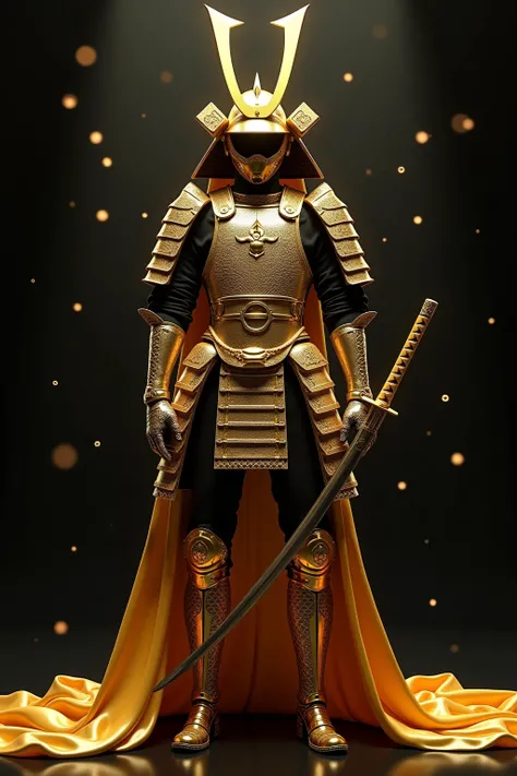 A hyper-realistic, highly detailed, and high-resolution (16k) image of a stylish and modern samurai inspired by Paris Fashion Week. The samurai wears an intricate, golden armor that glimmers and shines under dramatic lighting, blending traditional Japanese...