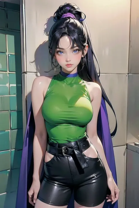 Maruchina, purple eyes,  purple hair,  Very Long Hair ,  balanced body , High Ponytail ,  hair scrunchy ,  green choker,  o-ring top,  tank top in front of urinal,  sleeveless,  waist cape ,  black shorts , Green Belt,  boots,fc portrait  