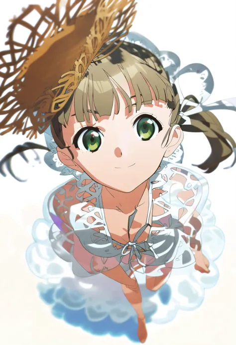 1 Girl， brown slanted ponytail around me ， green eyes ， bikini，lace，Fresh style， white transparent flowing small short trench coat，Bow， white background，Smile，straw hat，Barefoot，Look at it from above，Overlooking，The character looks at the camera ， Fisheye ...