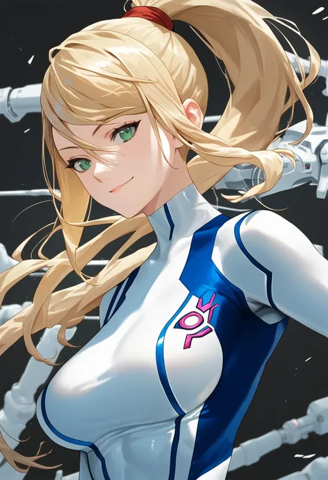 ( top quality),woman, Samus Alan, blonde alone, green eyes, white bodysuit , super detailed, sharp concentration,During break,smile, source_Anime,  score_9,  score_8_Excellent,  score_7_Excellent, source_Anime,evaluation_  safety 