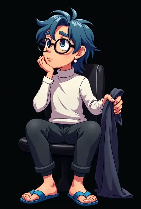 Create a cartoon image of a 24-year-old man with medium blue hair wearing glasses, wearing a long-sleeved white turtleneck T-shirt, black pants, black gtr r35 car backrest, small white earrings, blue sandals, black background, black bodysuit, hands holding...