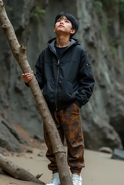 Real human. Photo, habib is Indonesian 23 years old man, medium and tall body , short straight black hair, white skin, black expressive eyes, medium body, wearing Zipped up black jacket, brown batik motive pant, white shoes, he is standing  with The head t...