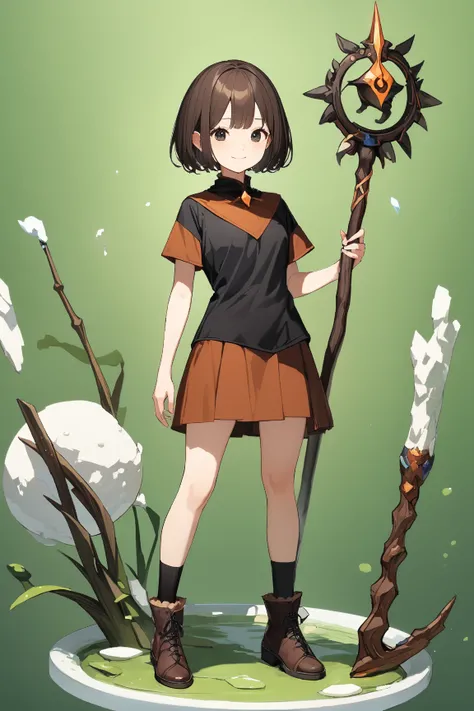 (green background:1.3), No wind, character sprite, Break, 
1 girl, (cute face), Intelligent Look, light smile, , petite, 150 cm tall,, Standing, feet out of frame, (black short hair, blunt ends), black eyes, (small breasts:0.6), slim, (dark brown Mage Outf...