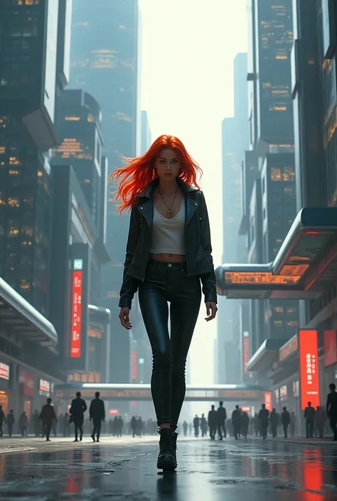 A redhead wiman walking to a caps scenario