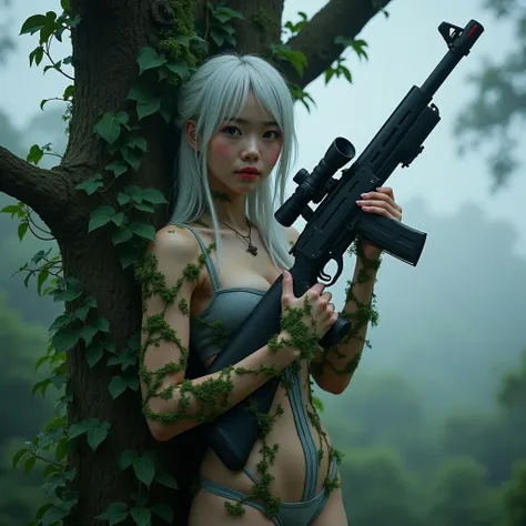 (best quality), future, Realistic, film rendering, (large cleavage,Big tits),(1 girl,korea face sexy , pale skin, (body heigth:140cm), innocent look, Young face,Beauty, photorealistic, a beautiful Asian woman holding a futuristic sniper rifle,, trapped in ...