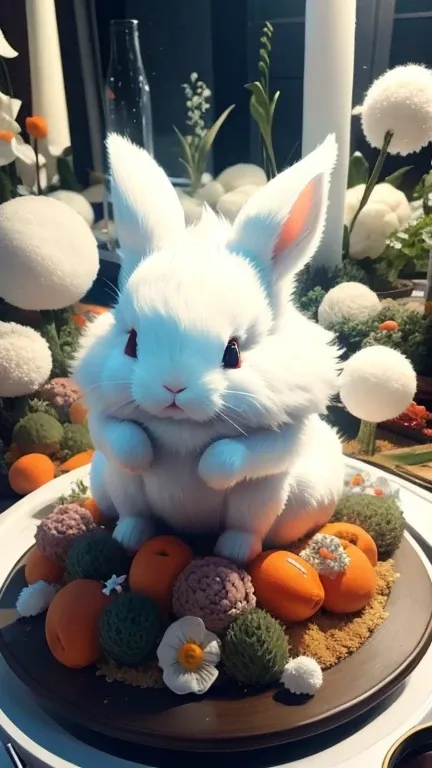 White Rabbit、fluffy fur、side view,  High Quality , Position , [carrot、 High resolution 、reality、[3d、mystery、Small ears、 surprised expression 、 is surrounded by glass 、 locked to 、破裂的玻璃盒、 splash glass 、 lifting a broken front leg 、