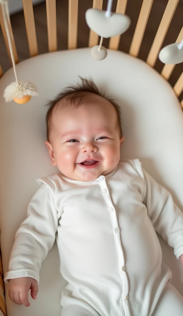 happy baby smiling. lying in a modern crib. view from above. camera focuses on the baby