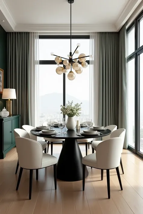 PROFESSIONAL ARCHITECTURAL 3D RENDERING   Modern and minimal and high tech design OF THE DINING ROOM DESIGN WITH A   Elegant and luxurious circular TABLE IN BLACK AND  and 6 CHAIRS WITH  Modern and Elegant WHITE VELVET COVER AND WOODEN PLANK LAMINATE FLOOR...