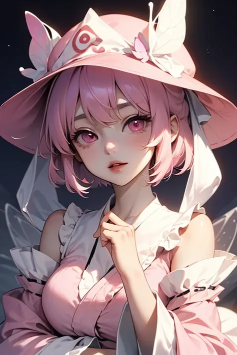  masterpiece,  High Definition , best quality,8k,Girl ，1girl in, Solo, 
(Saigyouji Yuyuko, butterfly, bug, hat, Pink hair, Triangular headpiece, Night, Pink eyes, Short hair, )