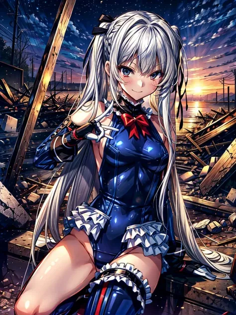   Perfect Anatomy ,  top quality, Marie Rose, Evil Smiles ,Provocative attitude
,(The girls are on a pile of rubble:1.1), Evil Smiles , anime style,(Frilled swimsuit,  knee-high, Sleeveless), ( anime style:1.4) ,
 Silver Hair,(White Fingers:1.1, Black Glov...