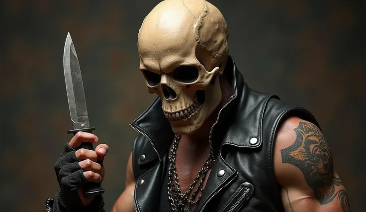 skull bald skull ,  and leather vest with knife in hand,  iconic high-detail character , masculine, gordo,  skull design for a rock band, insane details, insane details, 18 insane details, Highly detailed 8k,  member of Moto Clube Insanos MC 