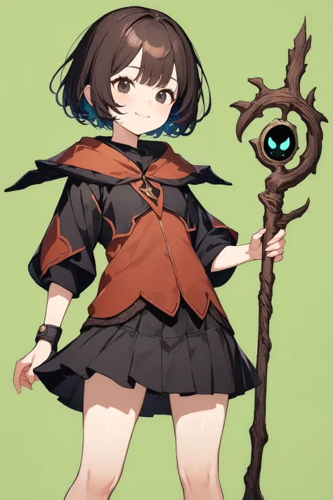 (green background:1.3), No wind, character sprite, Break, 
1 girl, (cute face), Intelligent Look, light smile, , petite, 150 cm tall,, Standing, feet out of frame, (black short hair, blunt ends), black eyes, (small breasts:0.6), slim, (dark brown Mage Outf...