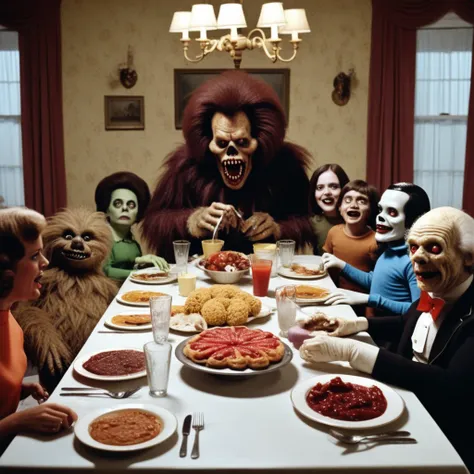 1970s style horror movie scene with strange horrific persons with horrific scary mask, strange horrific stuffed animals, eating food around a dining table, animatronic, horror, monster movie, horror movie, puppet, 1970s, scifi, vintage, hyperrealistic, far...