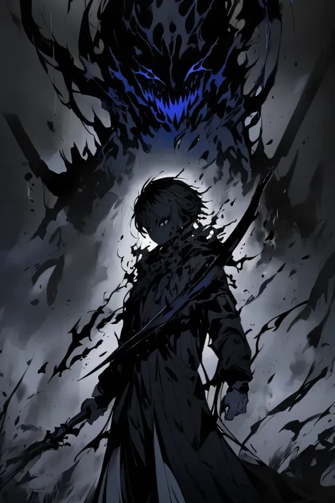 a boy holding a sword having black aura around him and there is a dark blue skye background with a face of a shadow evil monster