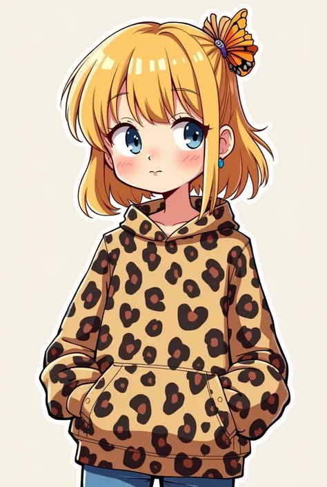 Cartoon of a body with arms out of the pockets that can be seen all over the arms of a blonde teenager with bangs, half ponytail, fully dressed in a leopard sweatshirt, butterfly earrings and a nose piercing with a hoop jewelry 