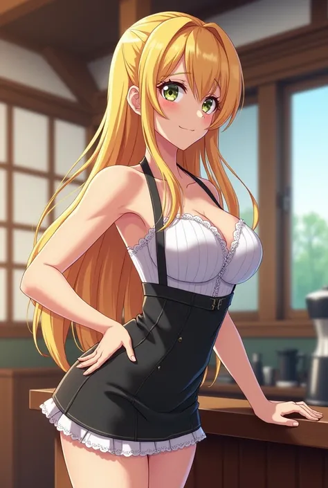 Physically fit adult woman with long blond hair and big breasts wearing a Japanese coffee shop uniform anime version