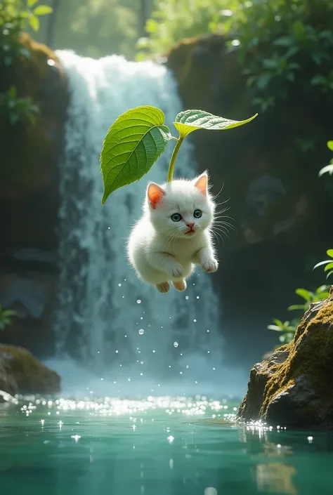 
A little white kitten is saved by a magical floating leaf, just before it slides down a rocky waterfall near a crystal clear river, looking shocked but safe.