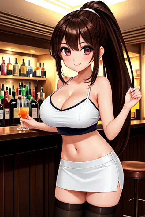 1girl, best quality, looking at viewer, kawaii, shiny skin, shiny clothes, bartender, white bikini top, crop top, veritical navel, bare stomach, navel focus, black miniskirt, pencil skirt, thighhighs, huge breasts, long hair, ponytail, brown hair, smile, b...