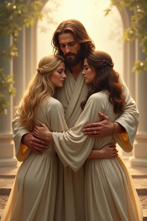 Draw Jesus embracing two s , , one with straight blond hair and the other with wavy brown hair